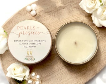 Personalized Bridal Shower Soy Candle Favors: Pearls & Prosecco Theme