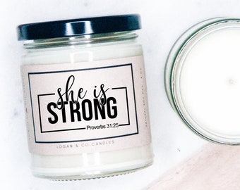 She is Strong Soy Candle, Gift for Friend, Religious Gift, Christian Candle, Christian Gift, Religious Candle, Religious Decor, Proverbs 31