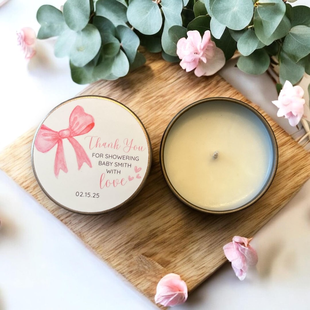 Personalized Girl Baby Shower Soy Candle Favors: Pink Bow Theme Tins ...