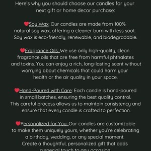 May include: Text explaining why to choose hand-poured candles from Logan&CoCandles. The text highlights the use of 100% natural soy wax, high-quality fragrance oils, and a hand-poured process. It also mentions that the candles are customizable for special occasions.
