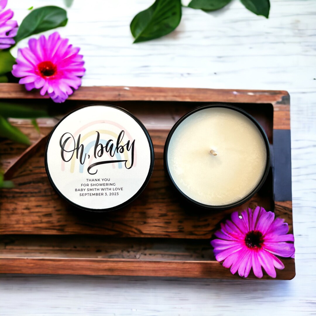 Personalized Baby Shower Favors: Oh Baby Rainbow Soy Candle Tins, Set ...