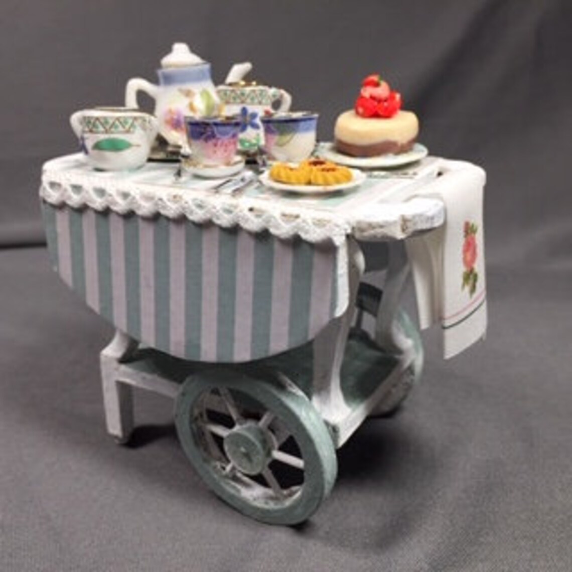 A delightful miniature tea cart in white and green. completed. Etsy