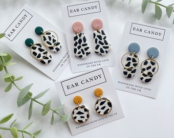 MADE-TO-ORDER polymer clay dangle earrings / dalmatian print / peach / emerald green / forest / denim blue / mustard yellow / animal print