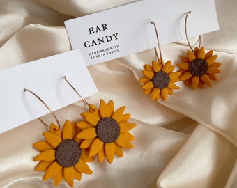 MADE TO ORDER polymer clay sunflower hoop dangles / sunflowers jewellery / floral earrings / statement jewelry / summer accessories / yellow