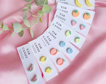 MADE TO ORDER pastel fruit salad studs / strawberry / lemon / lime / blueberry / watermelon / banana / peach
