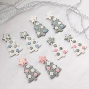 Polymer clay earrings / silver glitter Christmas tree dangles / pink glitter / blue glitter / white glitter jewellery