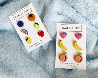 MADE TO ORDER fruit stud packs / mix and match / three pairs / fun earrings / fruity / bright / bold / unique / handmade