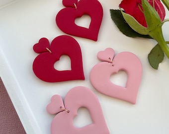 Polymer clay earrings / red and pink / bold statement dangles / Valentine’s Day jewellery / handmade jewelry / unique / hearts / big earring