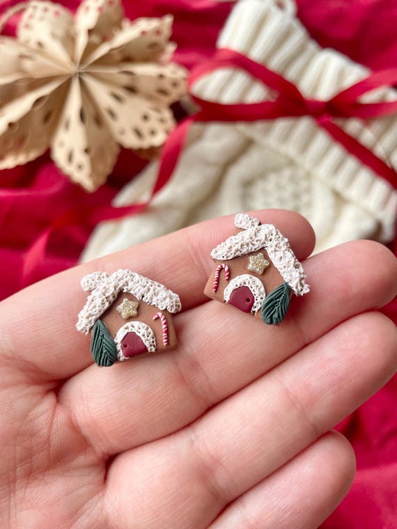 MADE TO ORDER Polymer Clay Christmas Earrings Gingerbread Stud Earring Xmas Jewellery Festive Jewelry Gift for Her Sparkly Etsy