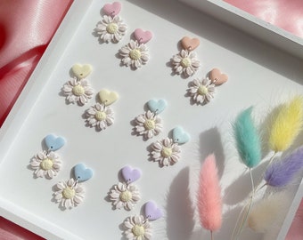 MADE TO ORDER polymer clay daisy heart dangles / statement earrings / unique design / bold accessories / pastel colours / floral jewellery