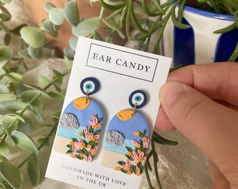 MADE TO ORDER Greek scene earrings / anniversary / floral / beach earring / birthday present / gift for her  / summer jewelry / jewellery /