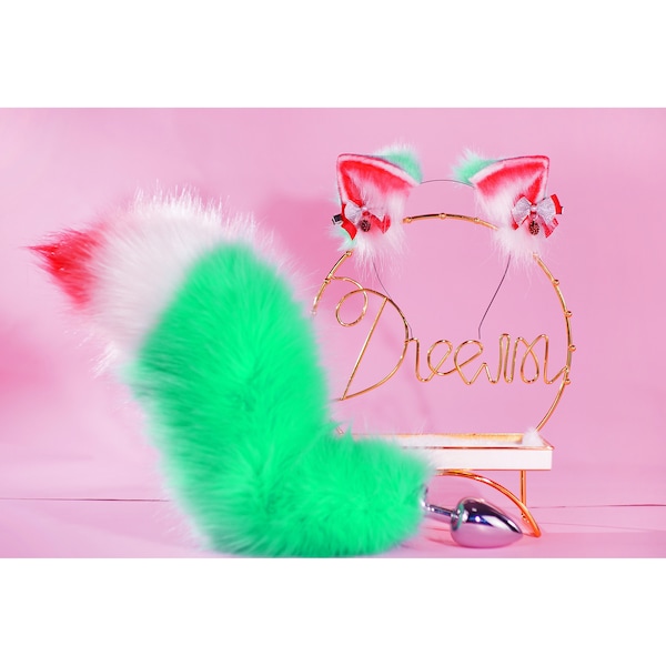 strawberry cat ears and tail,  headband ears, faux ears and tail set, tail butt plug,  cosplay ears,  cat costume, kawaii cat ear, DDLG