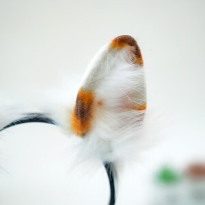 May include: A pair of cat ears on a black headband. The ears are white with orange and brown accents and fluffy white fur. The headband is black.