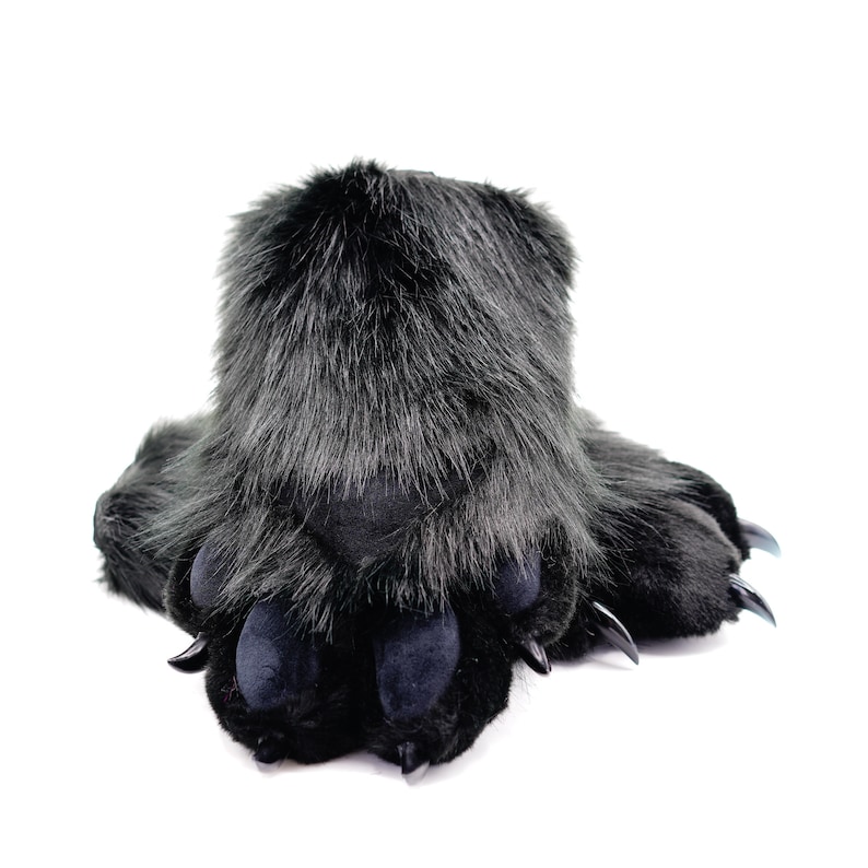 May include: Black furry slippers shaped like bear paws with black claws.