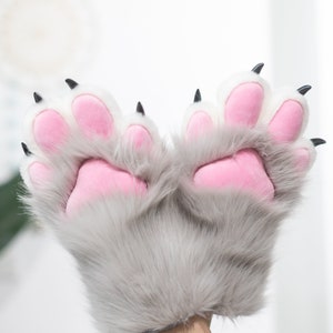 silver gray Cat paws, kemono fursuit, Handmade fursuit paw, cosplay gloves, cat paws, puppy paws, wolf paws, tiger paws, fox paws, pet play