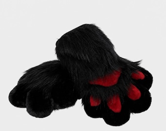 Furry four-finger paws & Furry Handpaws | Black Red Cosplay Paws | Flexible Finger Toony Fursuit Gloves | 3D Puffy Anime Costume Accessory
