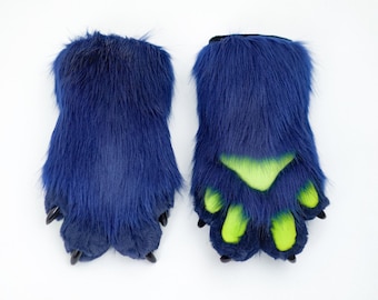Furry four-finger paws, Furry Handpaws, Cosplay Paws, Navy & Green Fursuit Gloves, 3D Puffy Toony Convention Gear