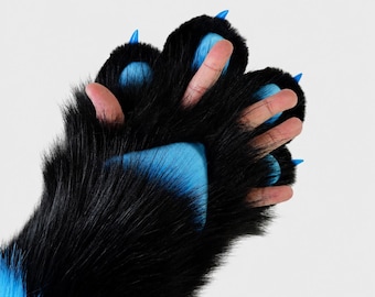 Furry four-finger paws, Furry Handpaws & Cosplay Paws | Black Neon Blue Fursuit Gloves | 3D Puffy Exposed Finger Toony Costume Accessory