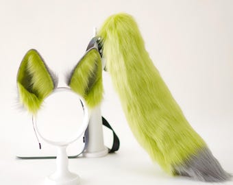 Ears and Tail Set, Custom Cosplay ear | Feral Gray and Green Synthetic Faux Fur Sheepdog Style | Con-Ready Posable and Gamer Friendly