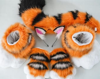 Ears Paws Tail Set, Orange Tiger Cosplay suit,Comfort Feet,Cats Furry Headband, Fluffy Long Plush Tail, Anime Cosplay Party