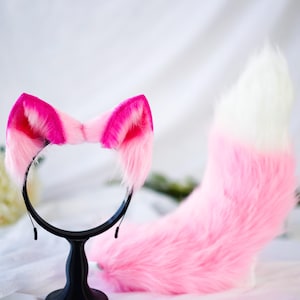Cute Rose Pink Cat Ears and Tail Set, Custom Furry Cosplay Set for Conventions and Christmas Halloween, Animal Costume Accessory, Pet Play