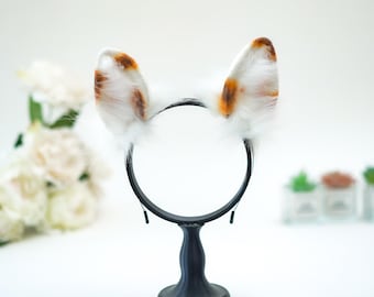 Toasted Yellow Spot Rabbit Ears | White Faux Fur Bunny Headband, Caramel Spotted Detail | Sweet Aesthetic Accessory, Milk Tea Neko Gift
