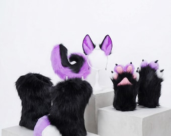 Furry mini partial suit set, dog ears tail handpaws digitigrade feetpaws, toony cosplay gear