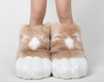Patas de Fursuit Patas de Animales, Camello y Blanco, Zapatos Peludos, Accesorios de Disfraces de Navidad de Halloween Petplay Eventos con Temática de Animales