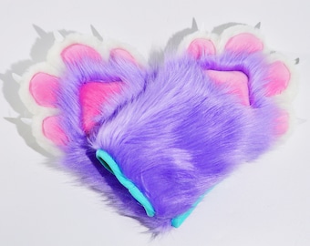 1 pair Lilac and white paw gloves, fursuit puffy paws, furry hand paws ,  gloves handpaws, fur paws with claw, dog paw gloves, wolf paw,