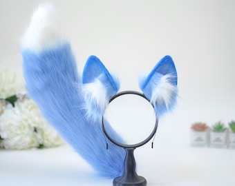 Ears and Tail Set, Custom Cosplay ear | Vibrant Blue and White Faux Fur Puppy Dog Husky Style | Lightweight and Posable Gamer Friendly
