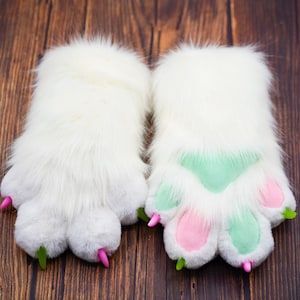 Patas de mão brancas com almofada colorida Luvas de 4 dedos | Traje de patas parciais de fursuit fofo para convenção de cosplay furry e eventos temáticos