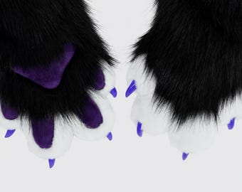 Furry Handpaws, Black White Purple Animal Paw Gloves, Animal cosplay Gloves Accessory for Fursuiters and Therian Fans