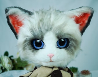 Adorable Grey&White Cat Kigurumi Fursuit Full-Cover Mask Head | Plush Cosplay Costume Accessory Halloween Christmas and Animal Themed Party