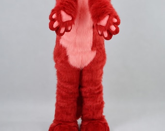 Fursuit Costume Anime Pirate Fox Cosplay Body with Paws and Tail, Red Kigurumi Animal Jumpsuit for Comic-Con Gaming Streamer