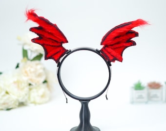 Red Devil Wings Ears Headband | Handmade Faux Fur Cosplay Accessory | Gothic Halloween Costume Pet Ears | Cute Demon Horns for Streamer, Con