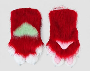 Crimson Red Fox Paws | Strawberry Kemono Fursuit Gloves | White Tip Animal Cosplay | Teen Convention Gear | 3D Puffy Faux Fur