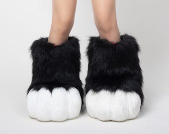 Black&White Outdoor Fursuit Feet Paws-Comfortable and Durable Fursuit Accessory Kemono Soft Plush Costume Paws Halloween gift for furry