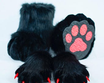 All Black outdoor fursuit feet paws and hand paws, Halloween gift for kids kemono toony fursuit paws, furry shoes and paws, furry convention