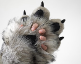 Finger Escape Gloves Fursuit Hand Paws | Furry Four-Finger Cosplay Paws  | Simulation Wolf Faux Fur | Toony Convention Gear