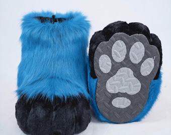 Tropical Blue Fursuit Feet Paws, Black Toes Outdoor Furry Shoes, Grey Padded Mascot Costume Boots, Custom Canine Foot Part