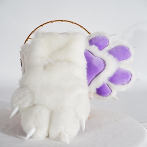 white and purple wolf paw gloves, fluffy kitten fursuit paws, fox paw gloves,  gloves handpaws, fur paws with claw, dog paw gloves, wolf paw
