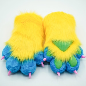 Pelzigen Gelb & Blauen Hand Tatzen | Flauschig weicher Fursuit 4-Finger-Handschuh Einzigartiges Kostüm Accessoire für Cosplay und Themen Events Furry Convention