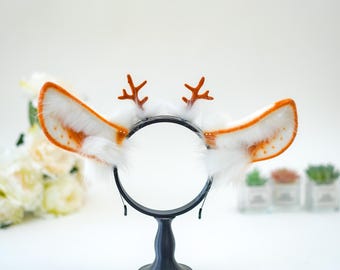 Fawn Deer Antler Ears Headband | Handmade White and Orange Faux Fur | Spotted Cute Animal Costume | Kawaii Cosplay Christmas Gift | Pet Play