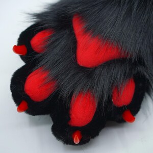 May include: A black furry paw with red paw pads and red claws.
