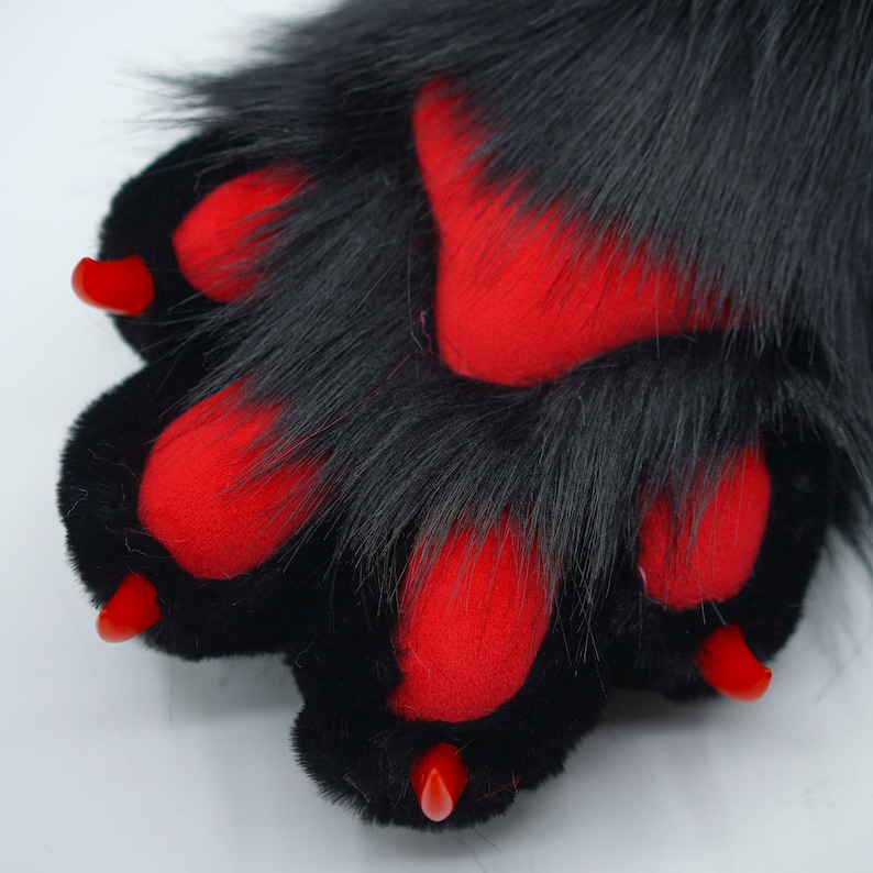 May include: A black furry paw with red paw pads and red claws.