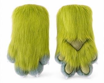 Furry Hand Paws Avocado Green, Fursuit Costume Mittens for Cosplay, Plump Fluffy Monster Claws, Cute Kemono Animal Paws Gift
