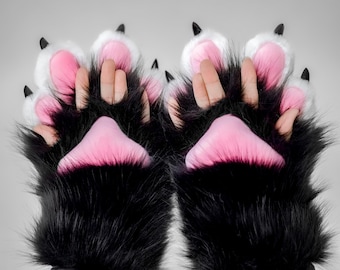 Lined Finger Escapes Paws | Black Main Color, White Fingers | Fursuit Partials, Custom Fandom Accessory, Character Hand Paws Gear