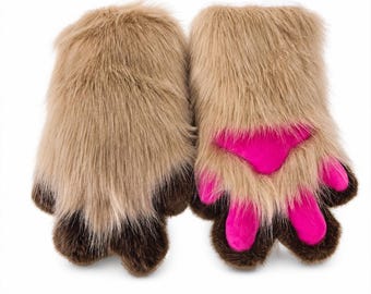 Furry Monster Paws Camel Fur, Brown Costume Gloves with Magenta Paw Pads, Fluffy Beast Hand Paws, Unique Anthro Cosplay Part