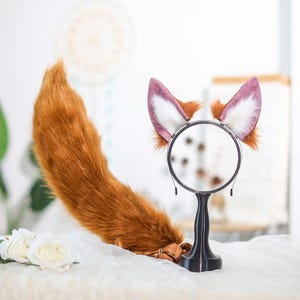 Yellow-Brown Fox Ears and Tail Set, Red Fox Cosplay Furry Costume,Custom Plush Fox Ears and Tail for Cosplay Halloween and Furry Conventions