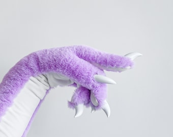 Furry Claw Gloves – Fantasy Costume Paws, Halloween Party Gift, Purple Dragon, Soft Plush Fursuit Handpaw, Cosplay Accessory, LARP Fursuit